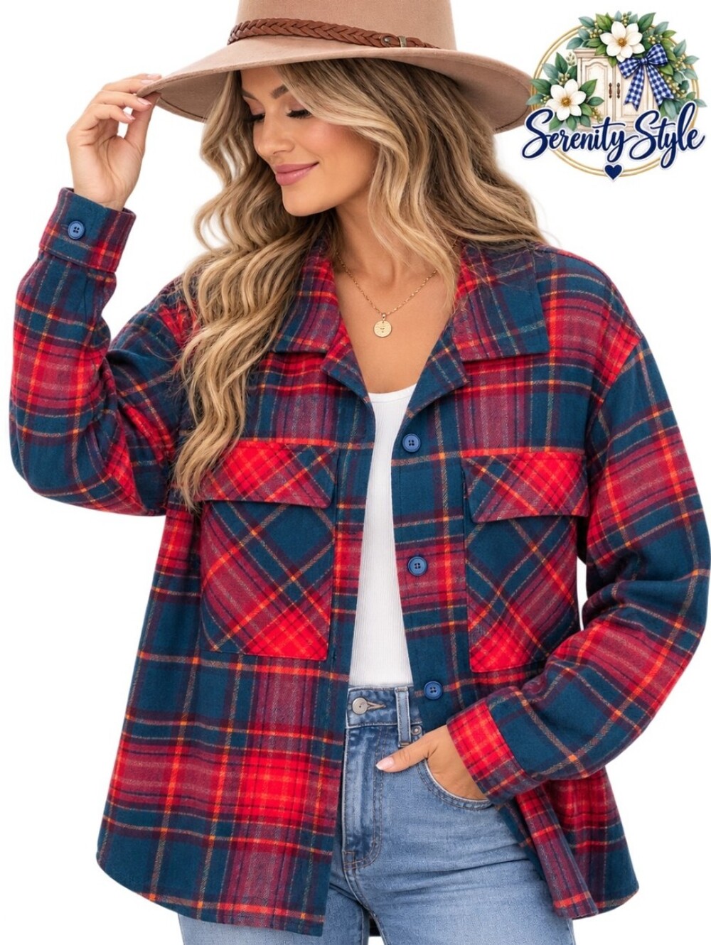 Original Use Women’s Large Plaid Button Down Shacket Red Teal Boxy Fit